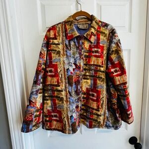 Life Style Woman Abstract Print Beaded Button Front Jacket Top Women's L Vintage